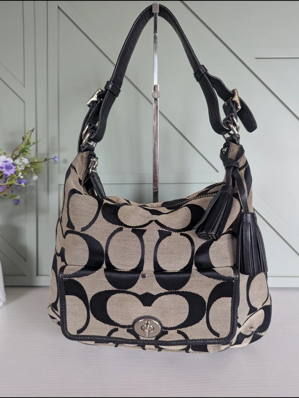 Coach Khaki and Black Signature Canvas Hobo with Tassel